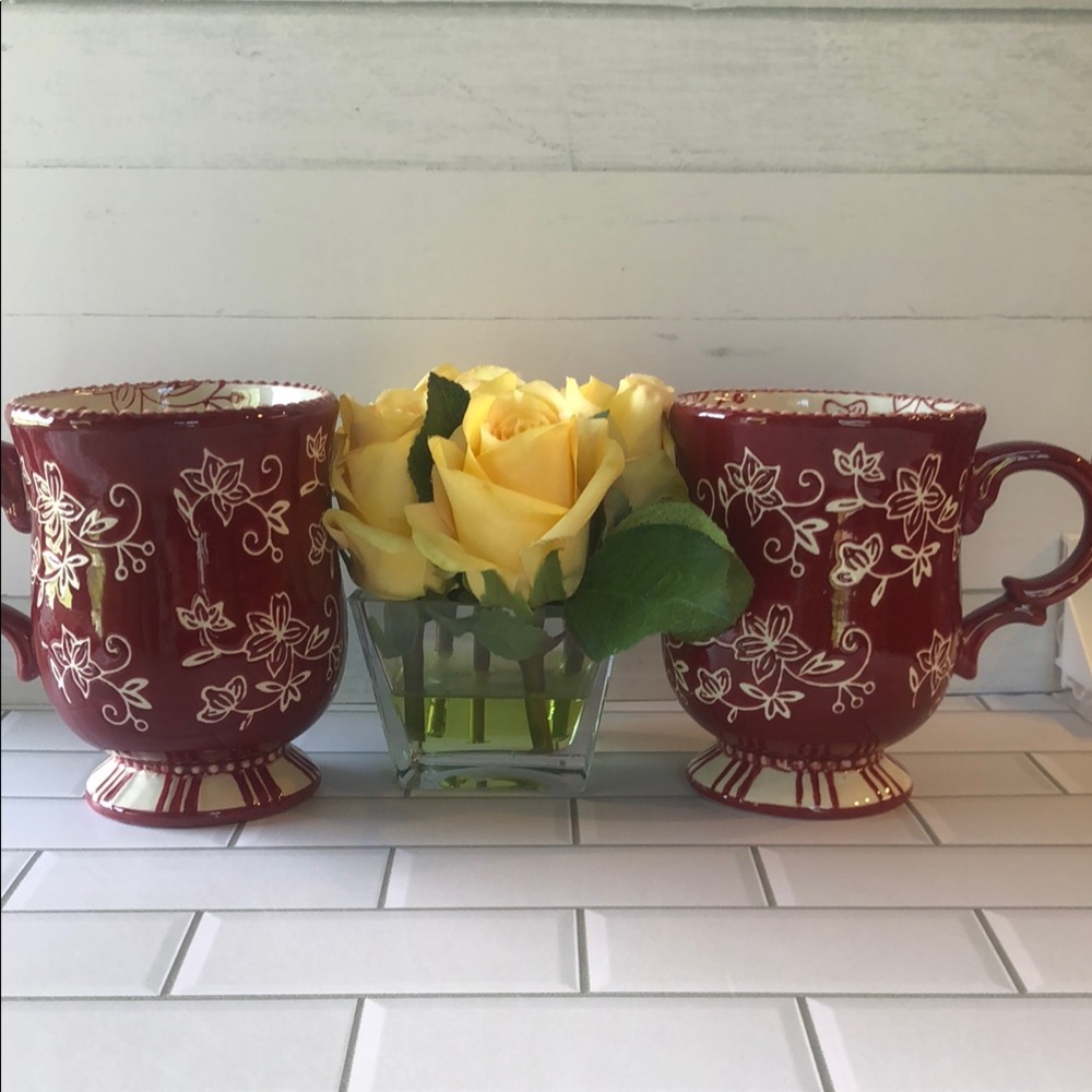 Red Floral Ceramic Mugs with Pedestal Base - Set of 2
